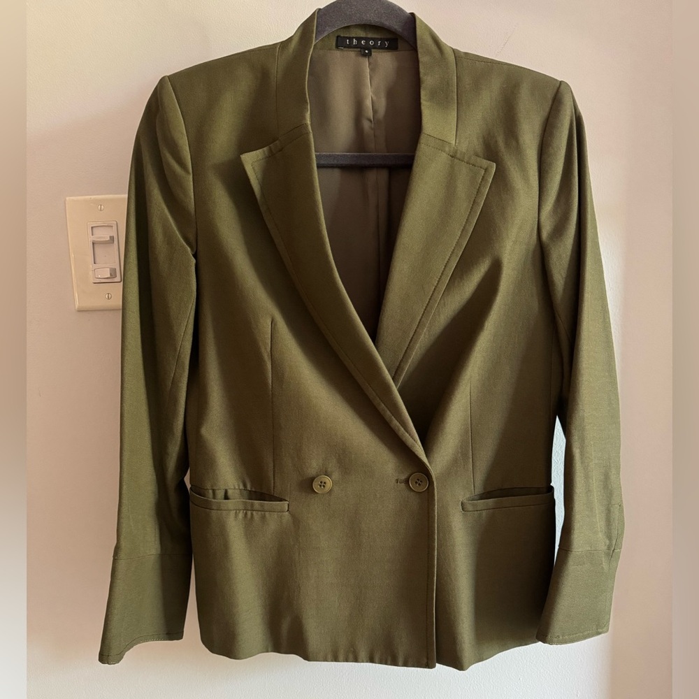 Theory Olive Green Canvas Military Style Cotton Double Breasted Blazer Jacket 6